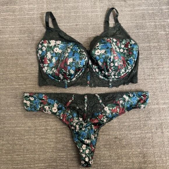 Adore Me Svana Contour Plus Green Floral Lace Bra Panty Set 40H 2X - Picture 1 of 11